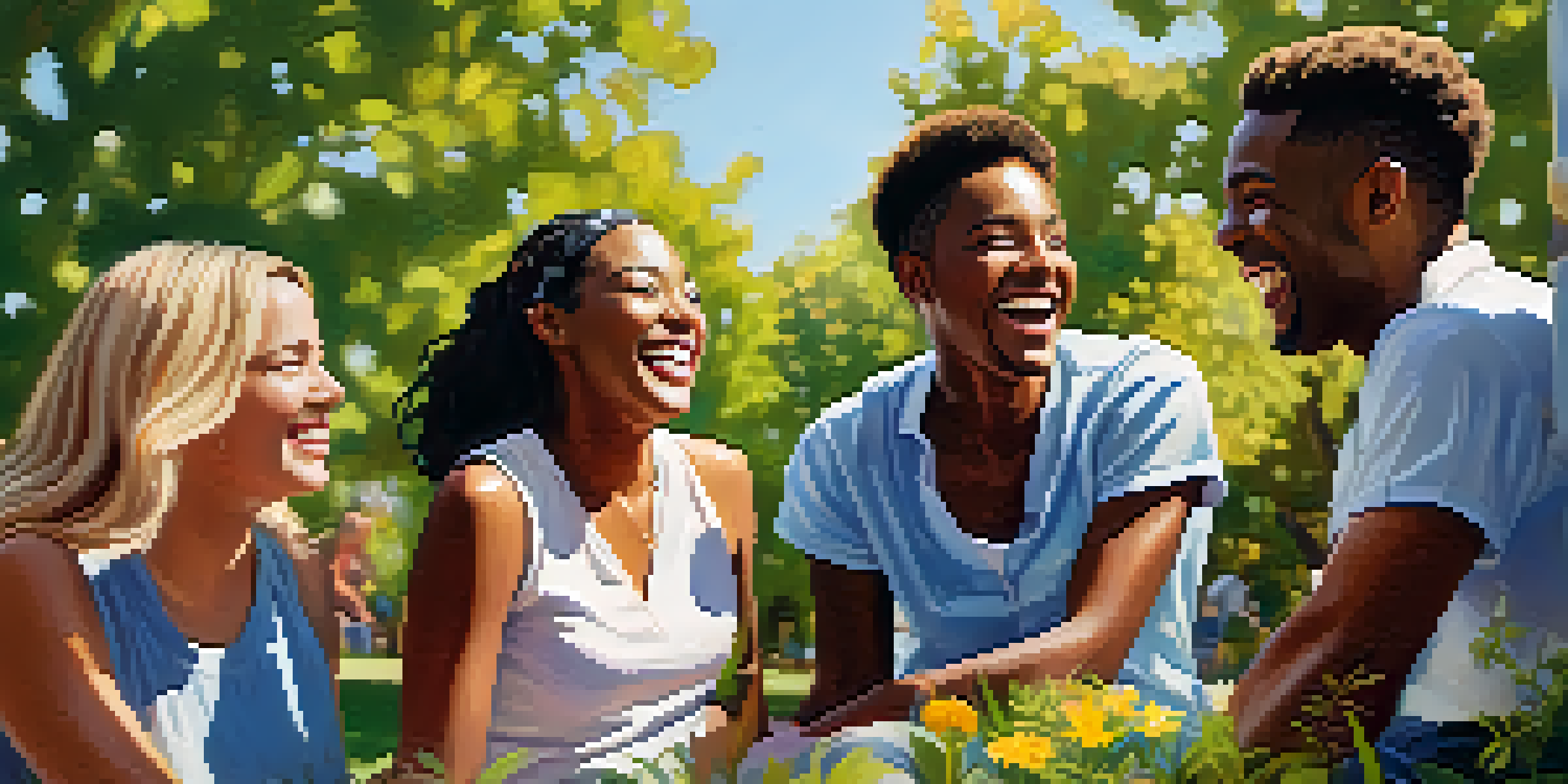 A group of diverse friends laughing together in a sunny park, surrounded by greenery and flowers, creating a joyful atmosphere.