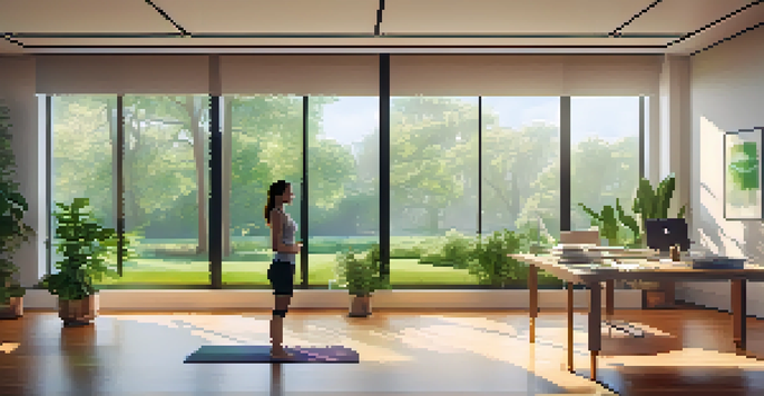 An office space with a large window overlooking a green park, featuring a standing desk and a practicing yoga employee, promoting workplace wellness.