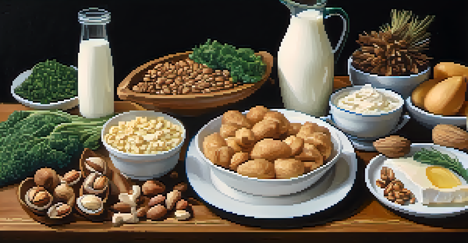 A close-up view of various bone-healthy foods like leafy greens, nuts, fish, and plant-based milk on a wooden table.
