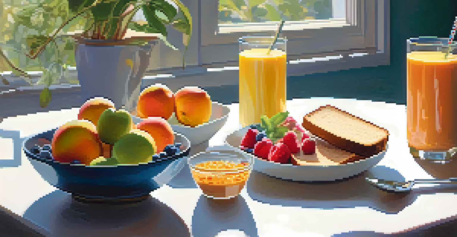 A healthy breakfast scene with fresh fruits, a smoothie, and whole grain toast, bathed in sunlight.