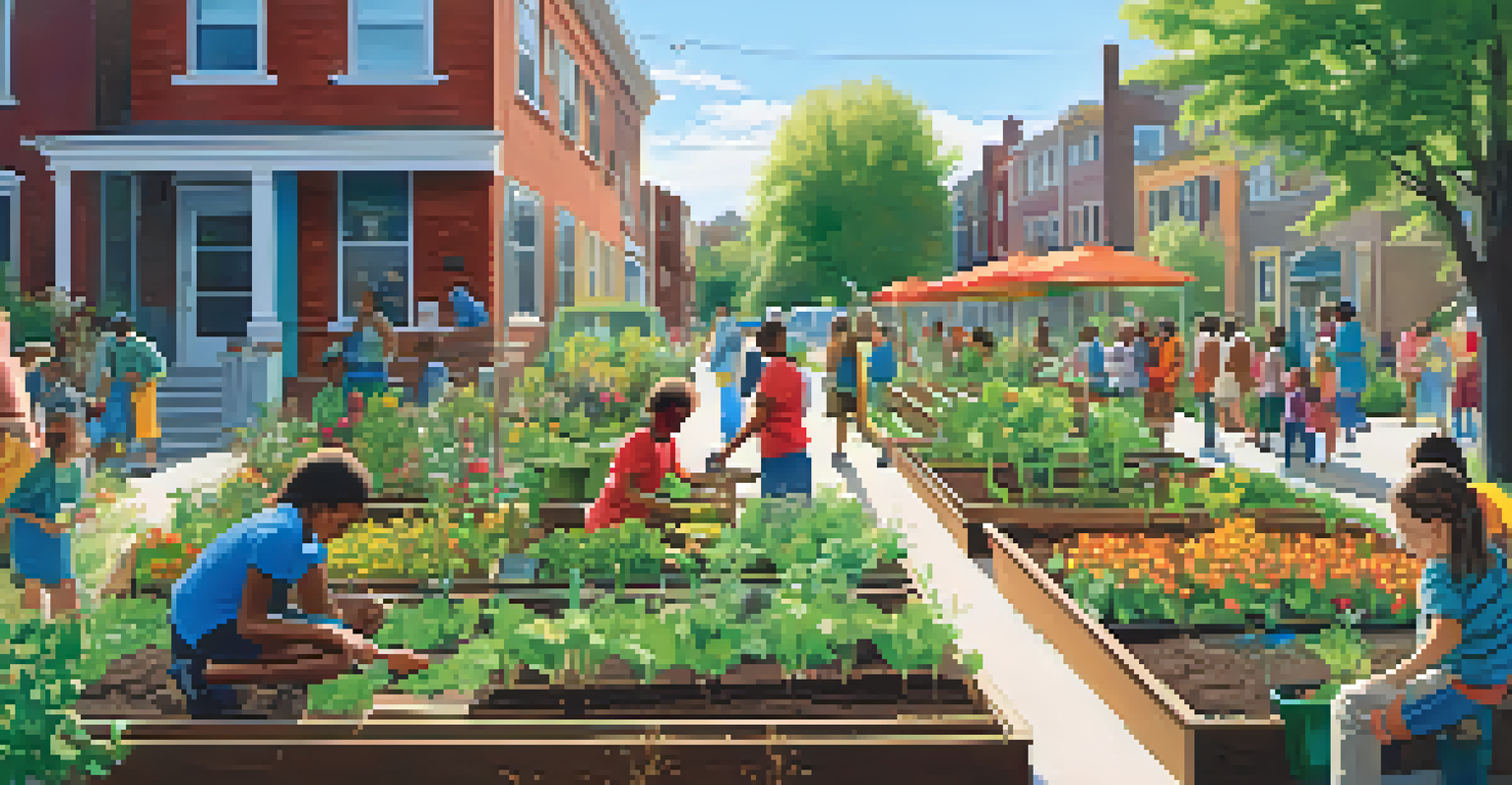 A community garden with diverse residents planting vegetables, surrounded by greenery and colorful flowers under a clear blue sky.