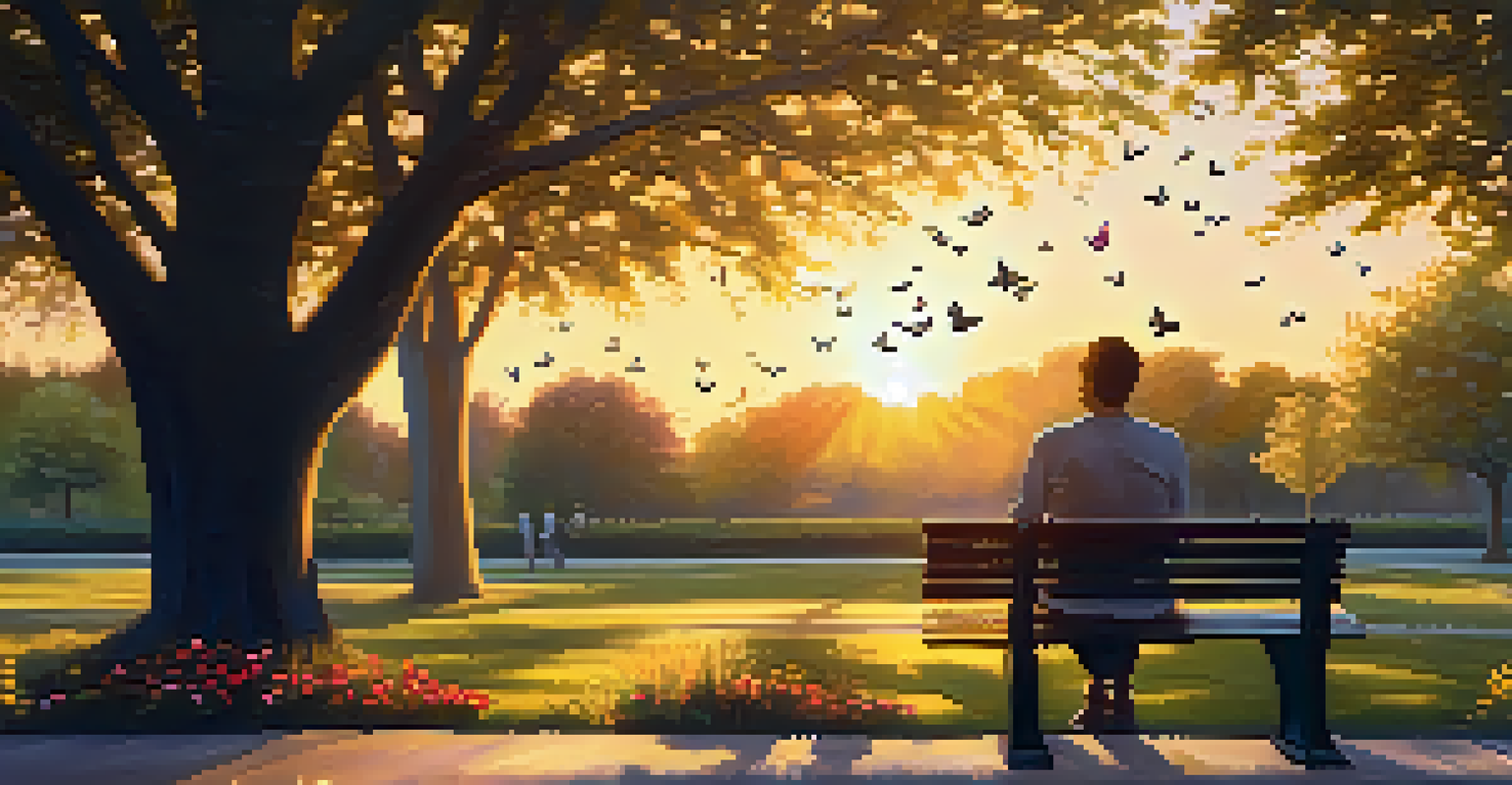 A person journaling on a park bench at sunset, surrounded by flowers and butterflies.