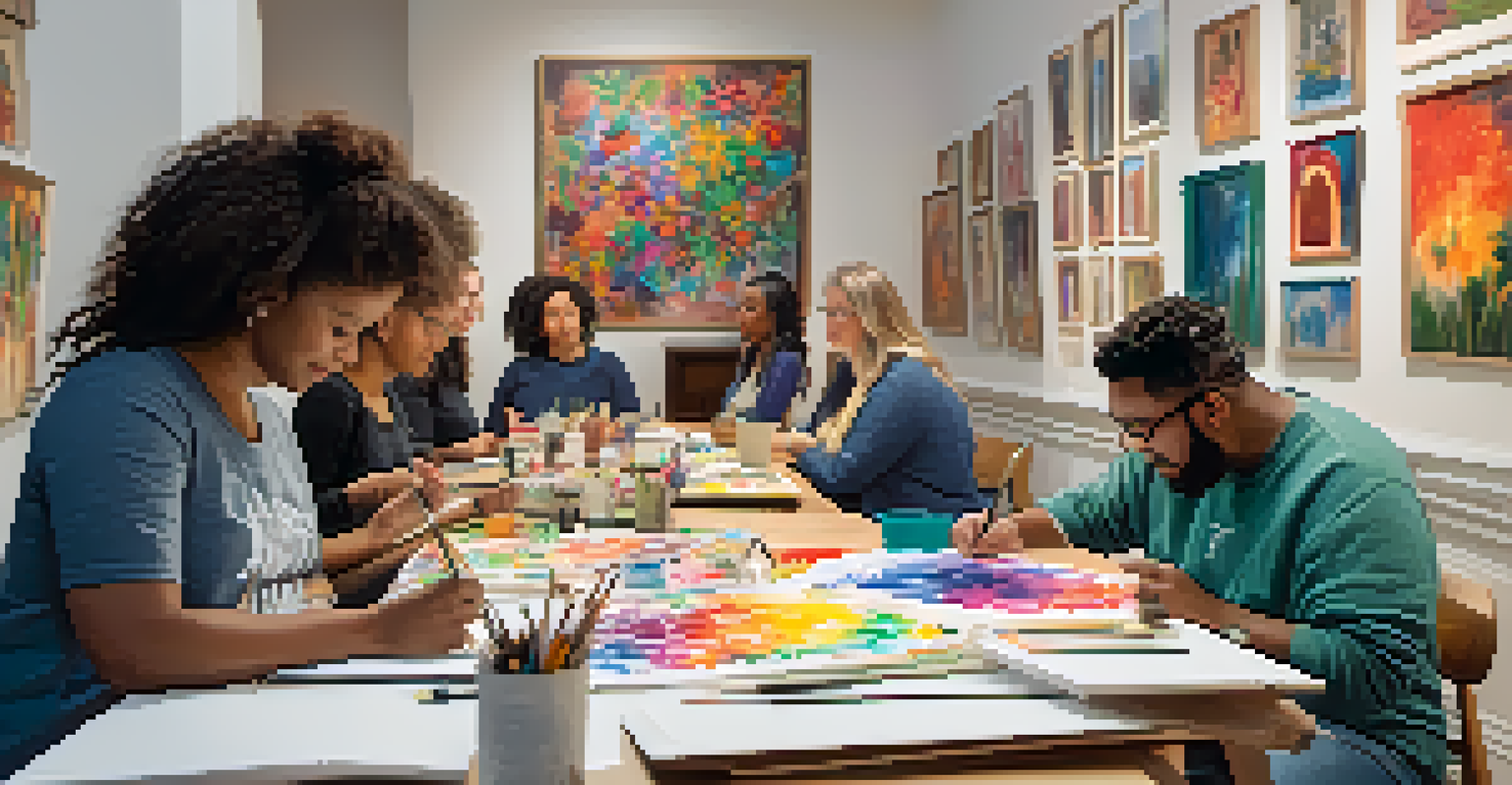 A group of individuals engaged in an art therapy session, creating art in a cozy, well-lit environment filled with colorful artwork.