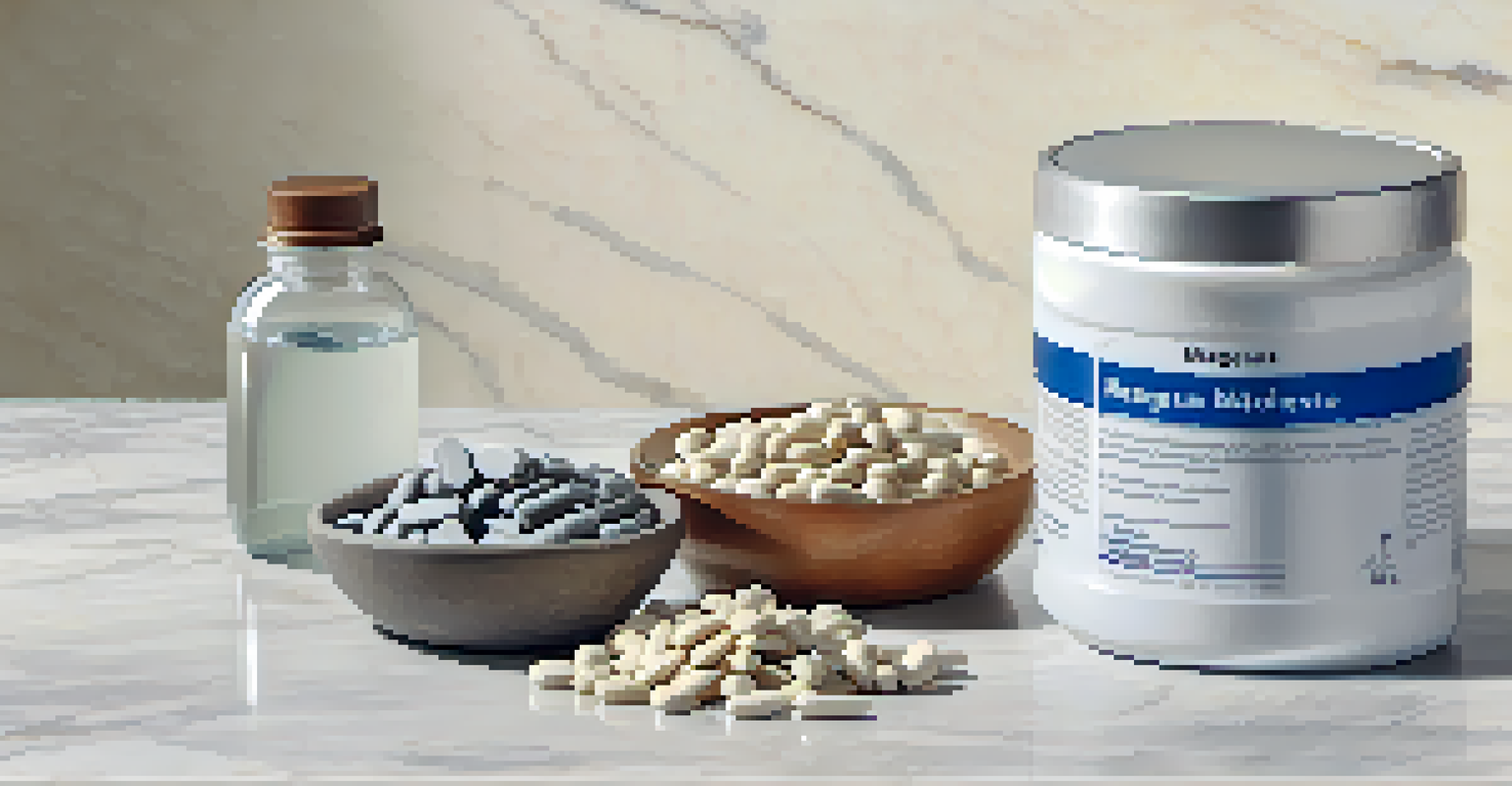 An arrangement of magnesium supplements in different forms on a marble countertop, with a glass of water beside them.