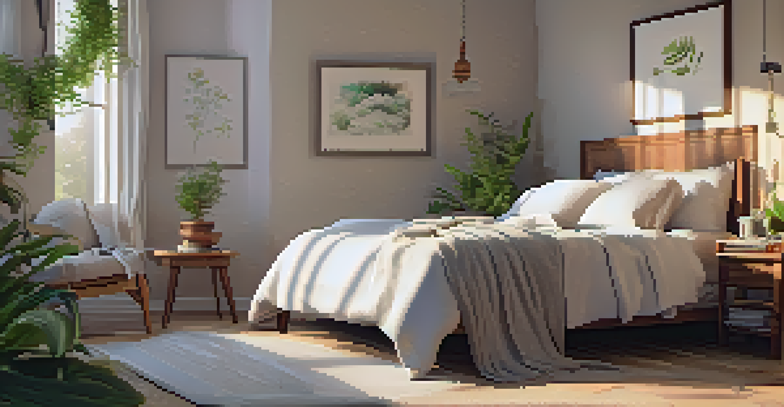 A cozy bedroom with a comfortable bed, a bedside table with a journal and tea, and soft lighting creating a tranquil atmosphere.