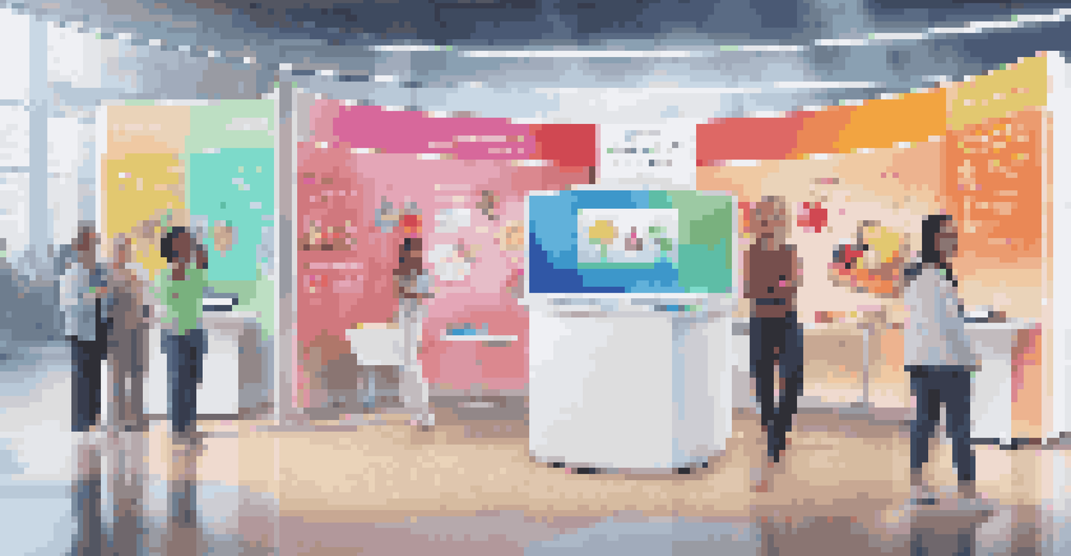 An interactive virtual health booth with colorful visuals and downloadable resources displayed on a screen.