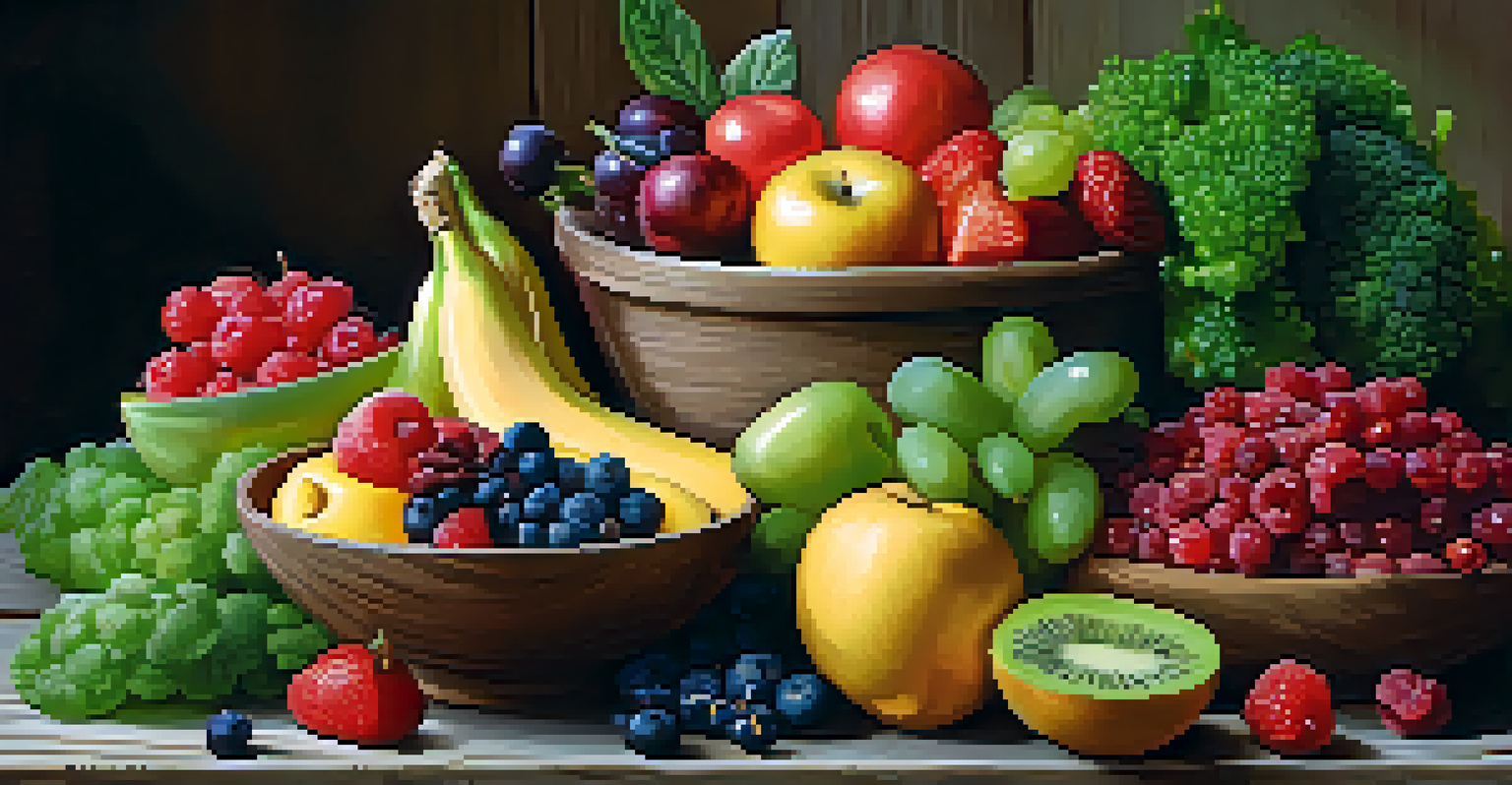 A close-up of a healthy meal featuring colorful fruits, vegetables, and whole grains arranged on a wooden table, illuminated by natural light.