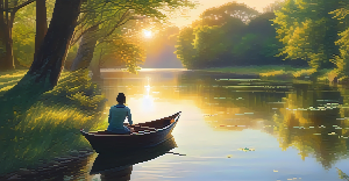 A tranquil river at sunrise, with a person sitting on the bank practicing mindfulness as leaves float on the water.