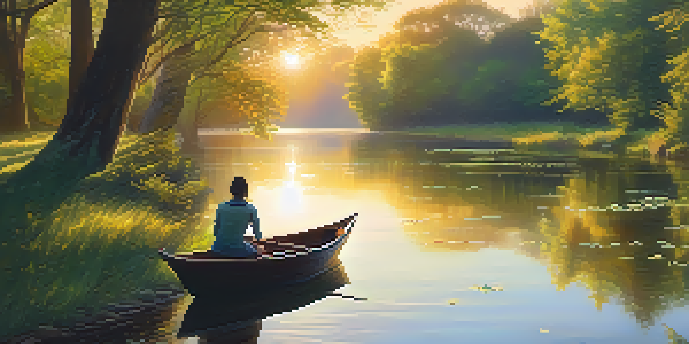 A tranquil river at sunrise, with a person sitting on the bank practicing mindfulness as leaves float on the water.