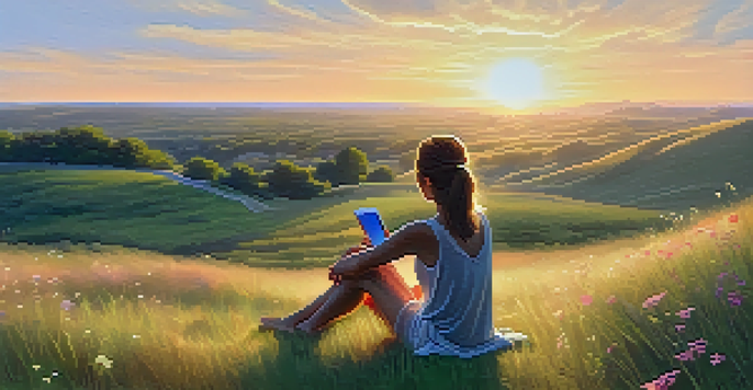 A person sitting on a grassy hill, unplugging from digital devices during sunset, surrounded by wildflowers.
