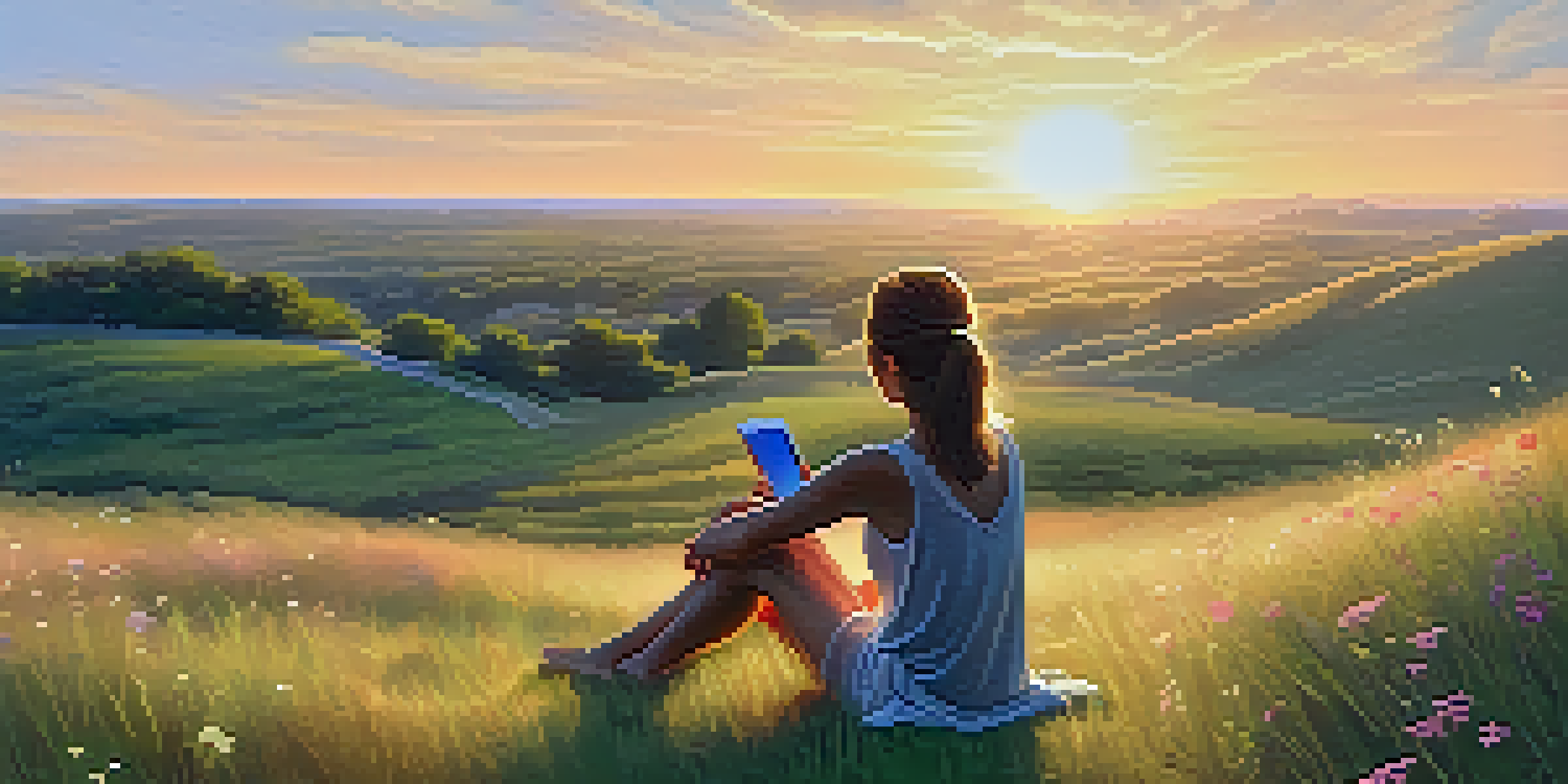 A person sitting on a grassy hill, unplugging from digital devices during sunset, surrounded by wildflowers.