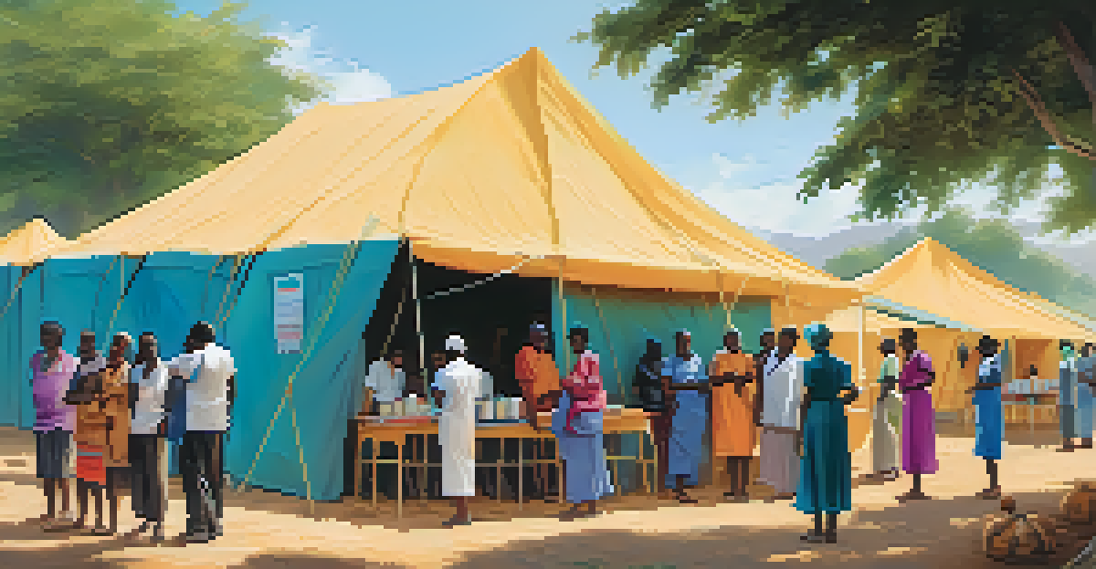 A rural outdoor vaccination campaign with diverse people in line, healthcare workers interacting, and colorful tents providing shade.
