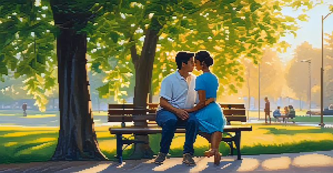Two people sitting on a park bench, having a heartfelt conversation with a sunset in the background.