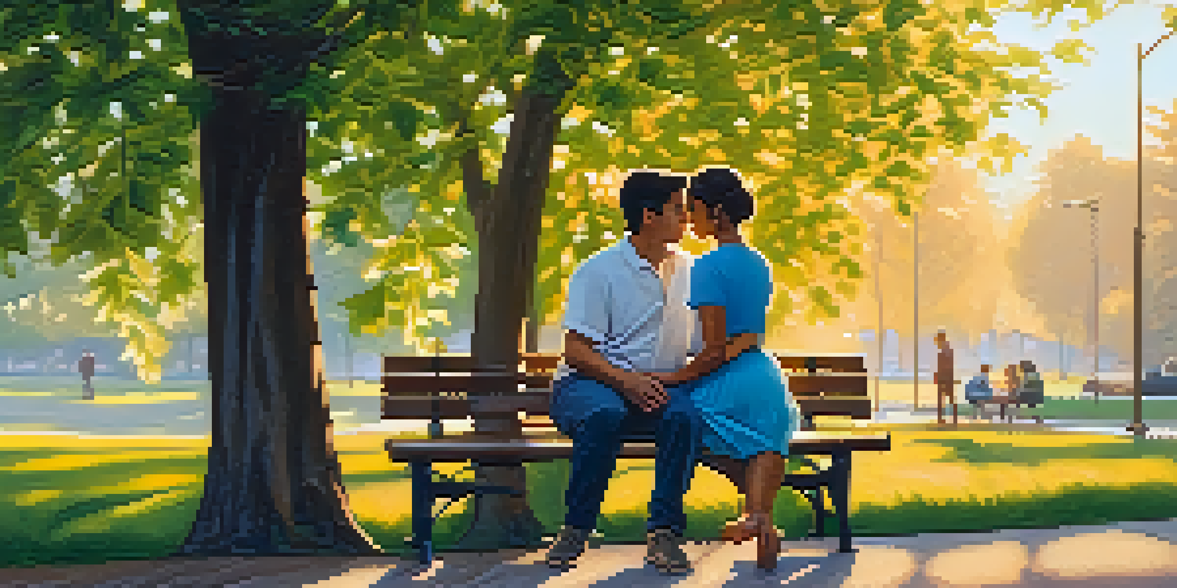 Two people sitting on a park bench, having a heartfelt conversation with a sunset in the background.