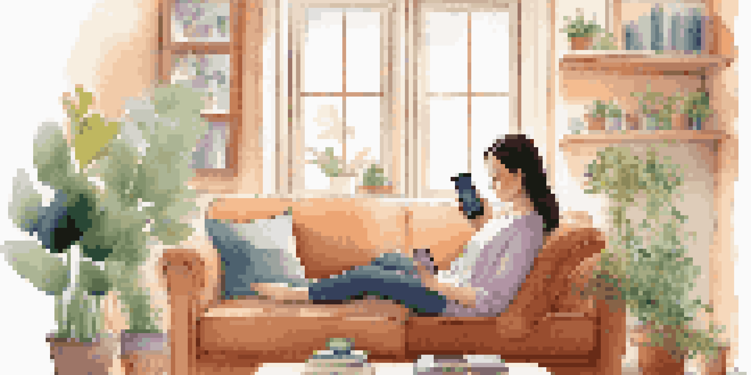 A woman in a cozy living room using a smartphone to track her health with a health app, surrounded by plants and books.