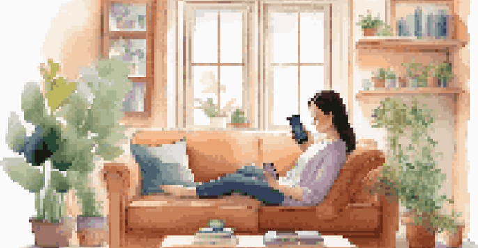 A woman in a cozy living room using a smartphone to track her health with a health app, surrounded by plants and books.