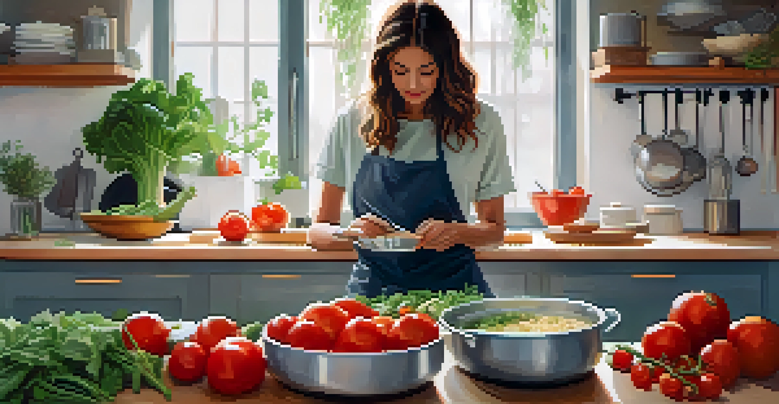 A person cooking a vegan dish in a modern kitchen with fresh ingredients on the countertop, surrounded by soft lighting.