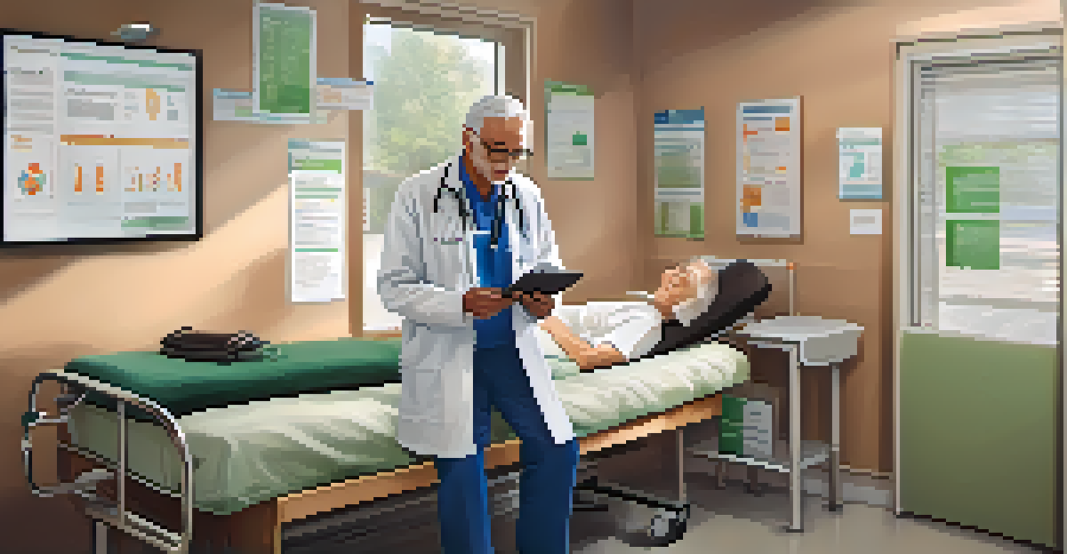An elderly man engaging with a healthcare provider about a mobile health app in a friendly clinic room.