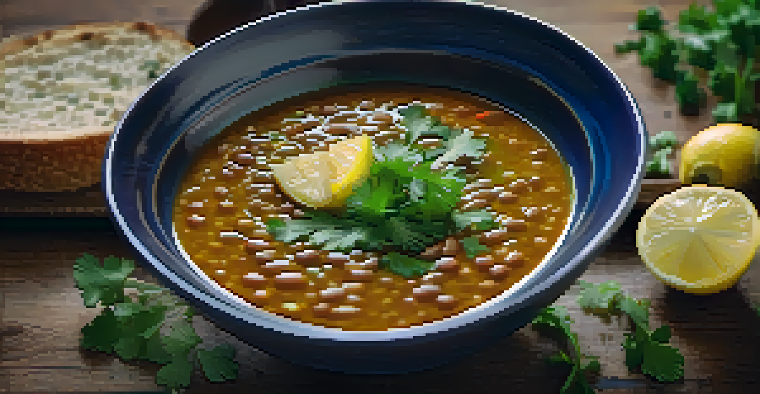 A steaming bowl of lentil soup garnished with cilantro and lemon on a rustic wooden table, with a spoon beside it.