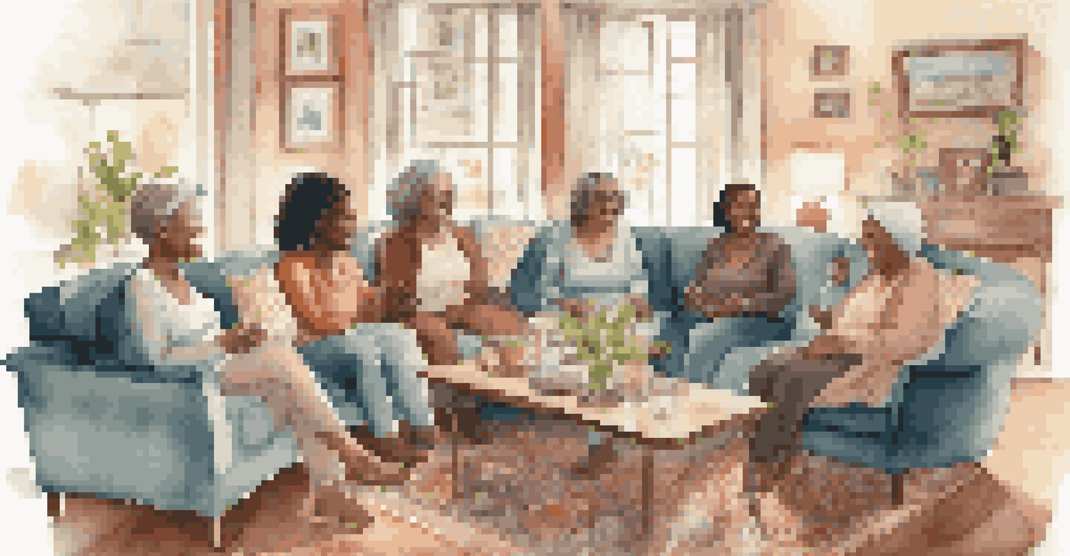 A diverse group of women sitting together in a cozy living room, sharing smiles and laughter over tea, creating a supportive atmosphere.