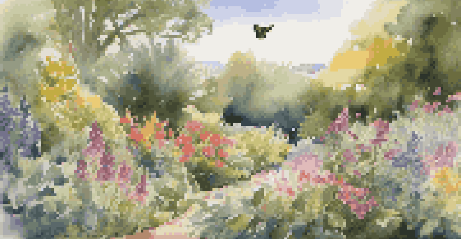A lush garden with native plants, colorful flowers, and butterflies, illuminated by gentle sunlight.