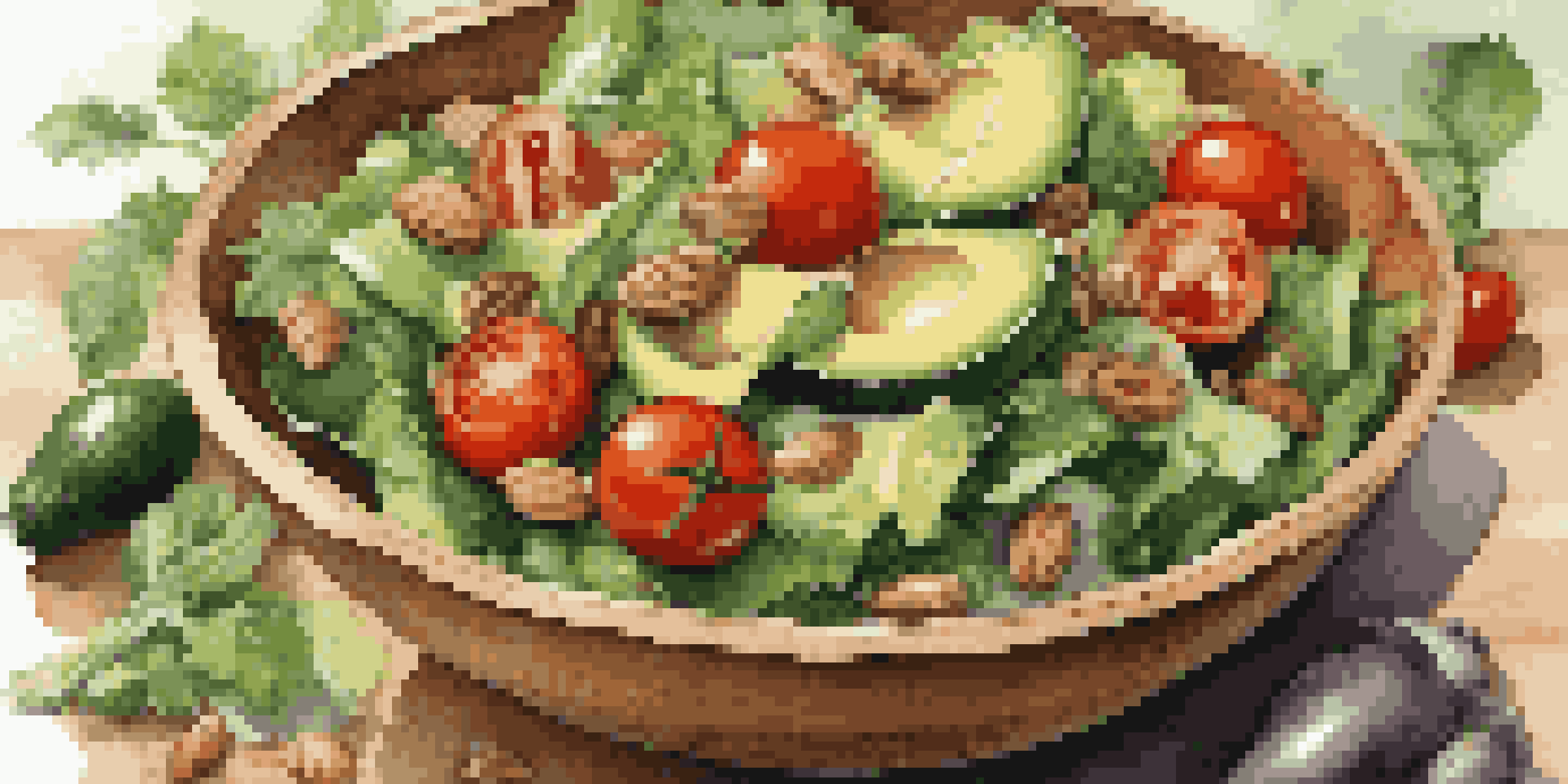 A close-up of a colorful salad in a wooden bowl, showcasing fresh greens, tomatoes, cucumbers, and avocados with nuts scattered around.