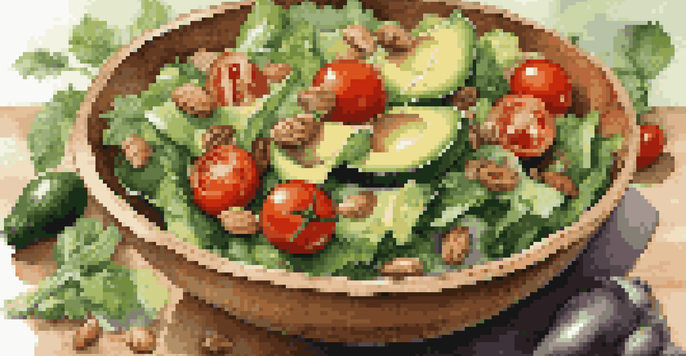 A close-up of a colorful salad in a wooden bowl, showcasing fresh greens, tomatoes, cucumbers, and avocados with nuts scattered around.