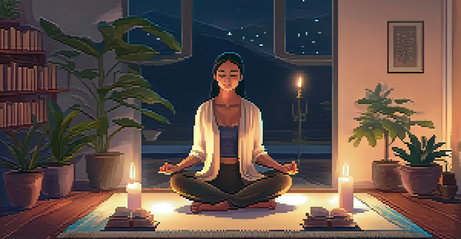 A person meditating on a yoga mat in a dimly lit room with candles and plants, promoting mindfulness for better sleep.
