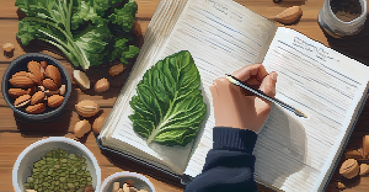 A person writing in a food journal with healthy ingredients around them, set in a warm and cozy kitchen.