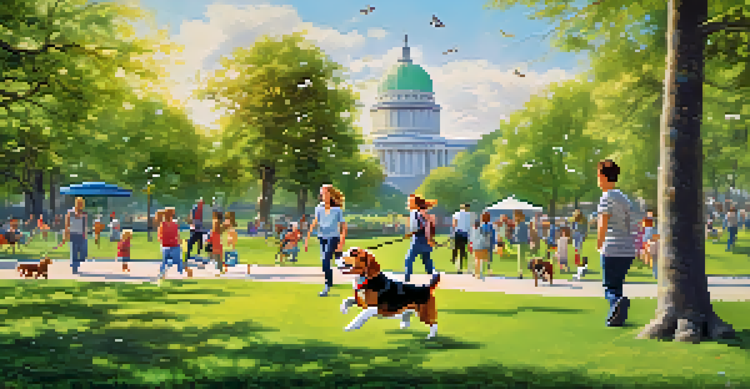 A person walking a playful beagle in a colorful park with other dog owners and children playing.