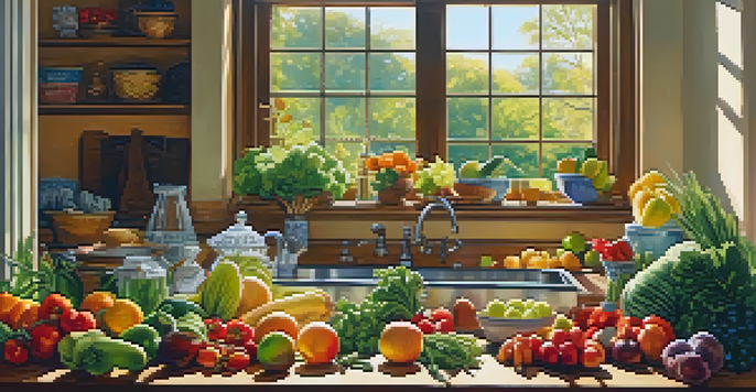A bright kitchen with a variety of fresh fruits and vegetables on a countertop, and a person preparing a healthy meal in sunlight.