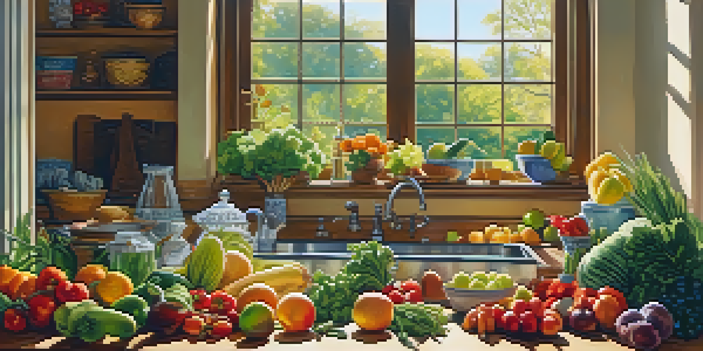 A bright kitchen with a variety of fresh fruits and vegetables on a countertop, and a person preparing a healthy meal in sunlight.