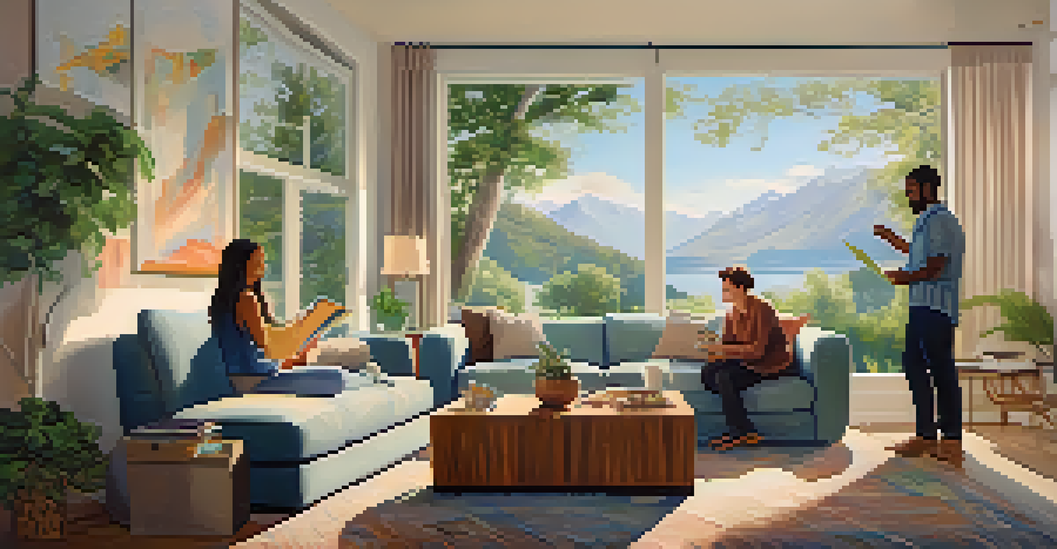 A couple working together on a vision board in a cozy living room, surrounded by financial planning materials, symbolizing collaboration and shared goals.