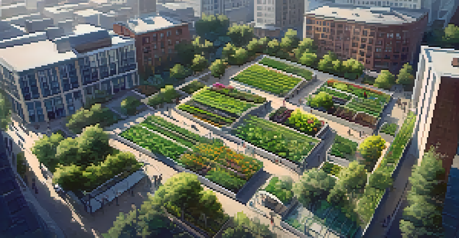 An aerial view of a lush community garden in an urban setting, showcasing organized crops and gathering spaces.