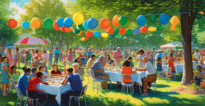 A lively park scene with community members of various ages and backgrounds coming together for activities, surrounded by colorful decorations and greenery.