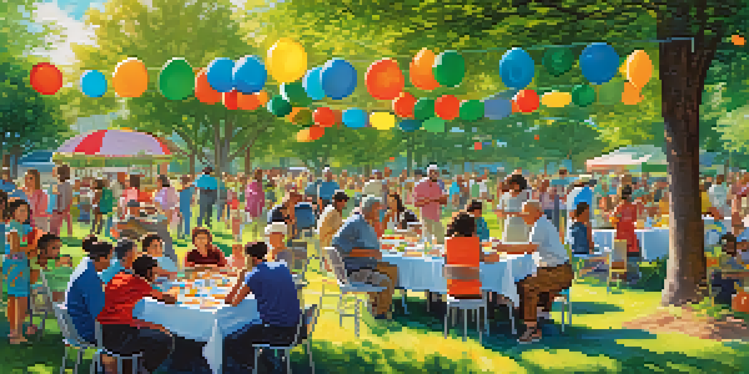 A lively park scene with community members of various ages and backgrounds coming together for activities, surrounded by colorful decorations and greenery.