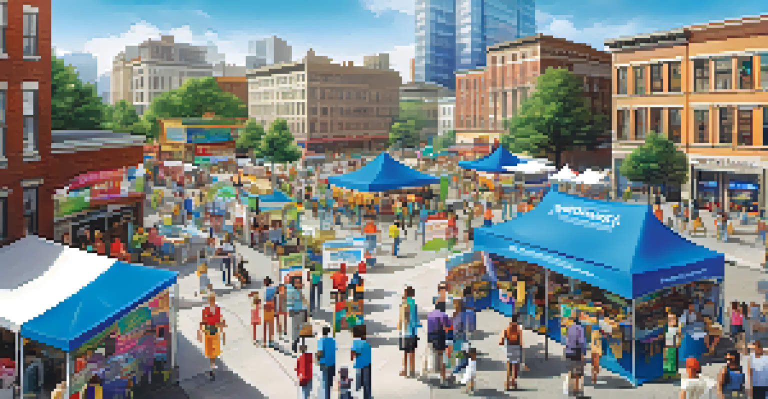 A city square filled with booths for a community health fair, where families and individuals are engaged in health activities.