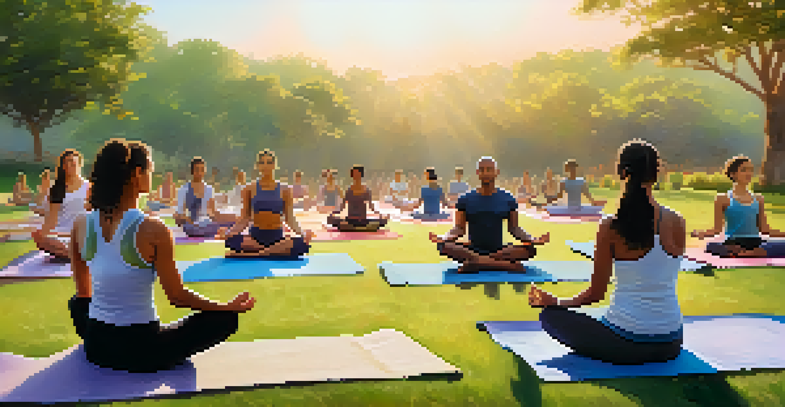 A health coach leading a yoga session at sunrise in a peaceful park with participants practicing on mats.