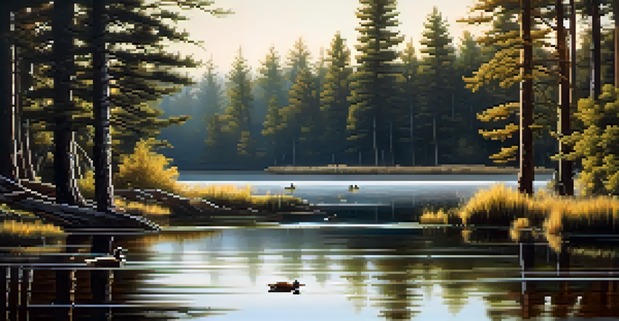 A tranquil lake surrounded by pine trees, with sunlight filtering through branches and ducks swimming.