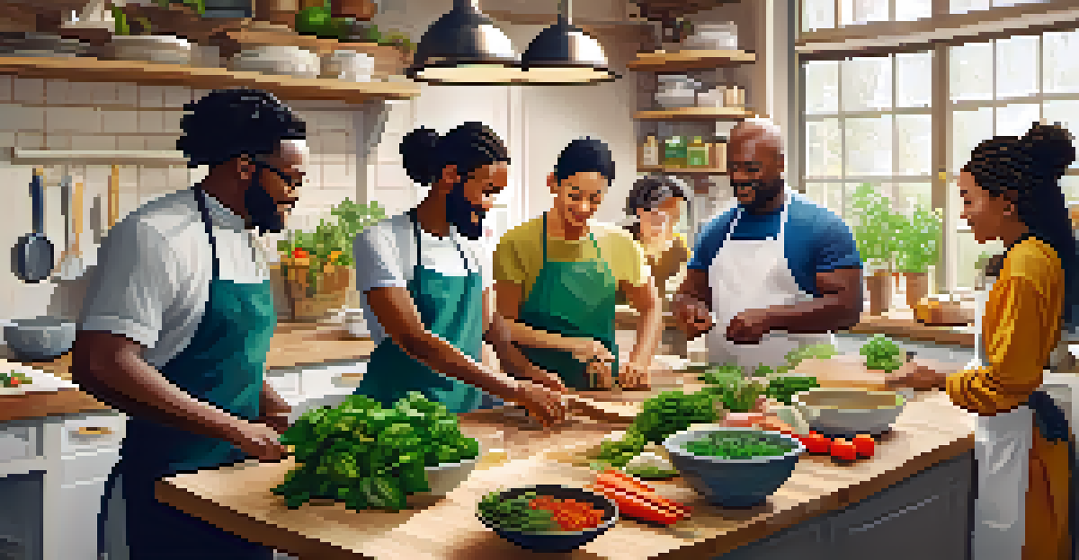 A diverse group of people engaging in a cooking workshop, chopping vegetables and learning together in a bright kitchen.