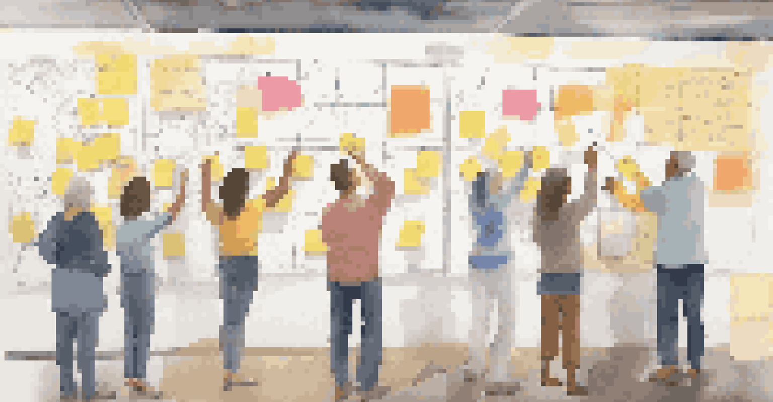 Residents participating in a workshop, placing sticky notes on a wall map to identify community resources.