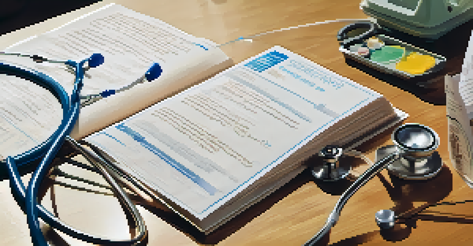 A multilingual healthcare pamphlet on a wooden table, surrounded by stethoscopes and medical tools, showcasing sections in Spanish, Mandarin, and Arabic.