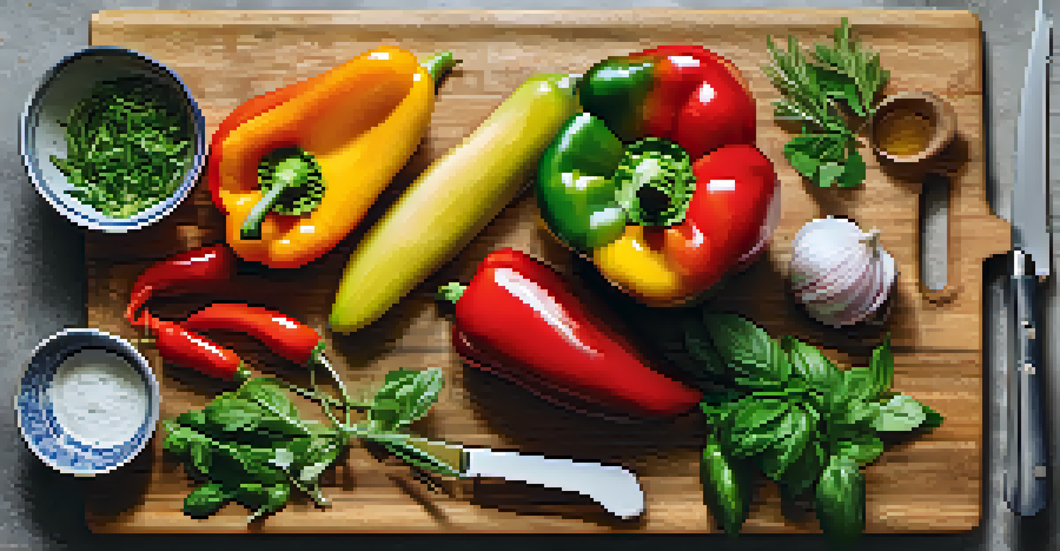 An overhead view of a cutting board with freshly chopped vegetables and herbs, ready for cooking.