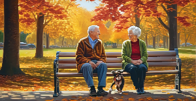 An elderly couple enjoying a joyful moment on a park bench, surrounded by autumn foliage and sunlight.
