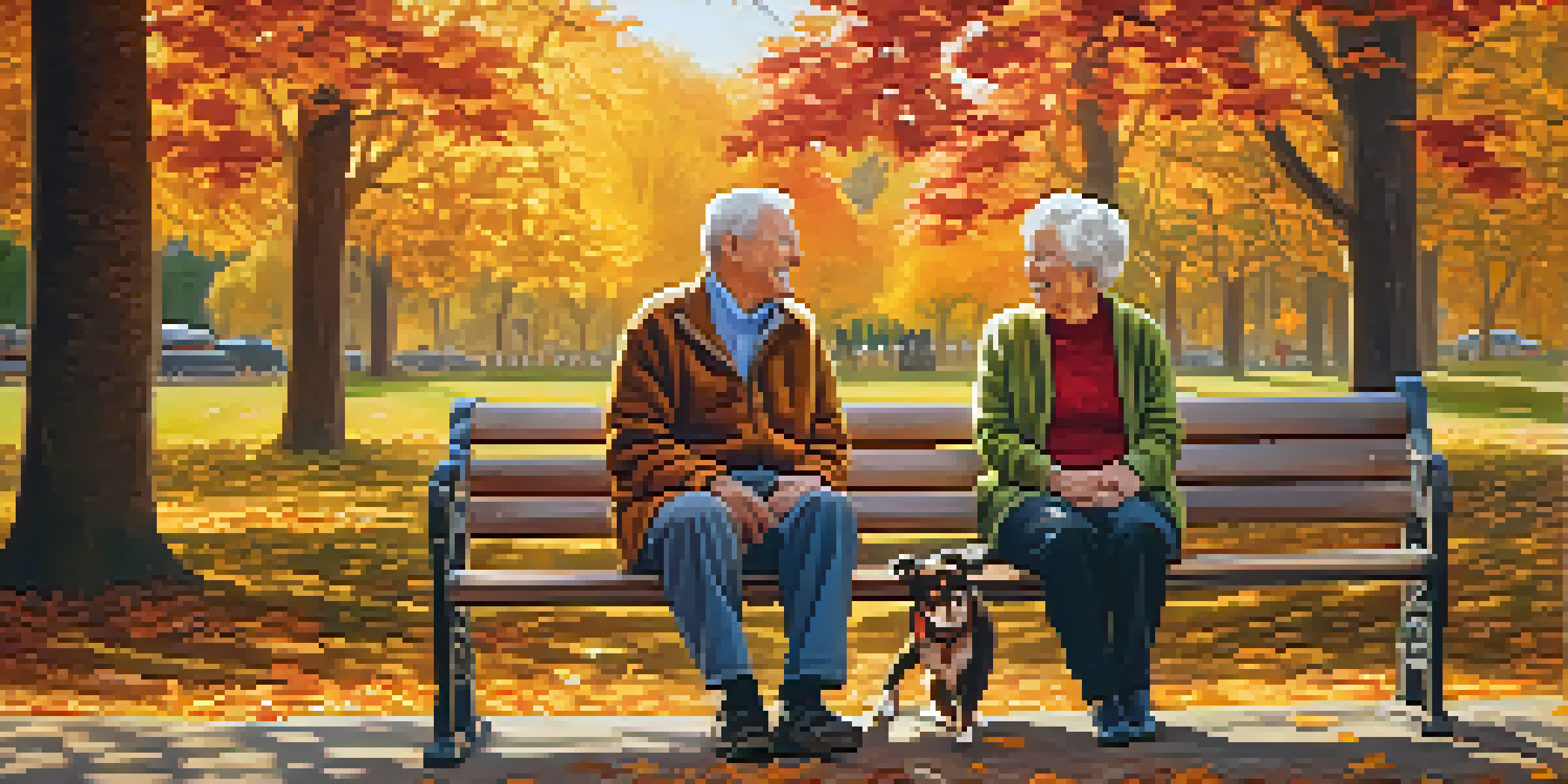 An elderly couple enjoying a joyful moment on a park bench, surrounded by autumn foliage and sunlight.