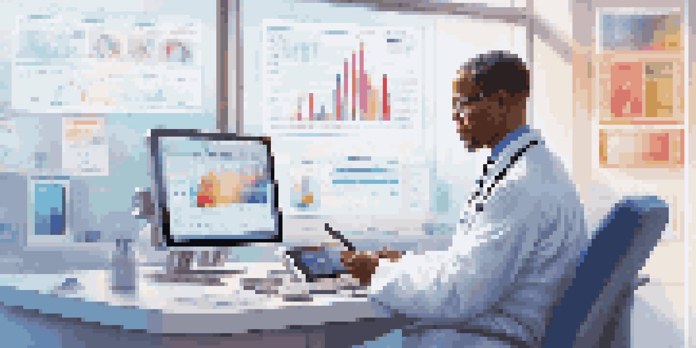 A healthcare professional using a tablet with colorful health records in a modern medical office filled with charts and equipment.