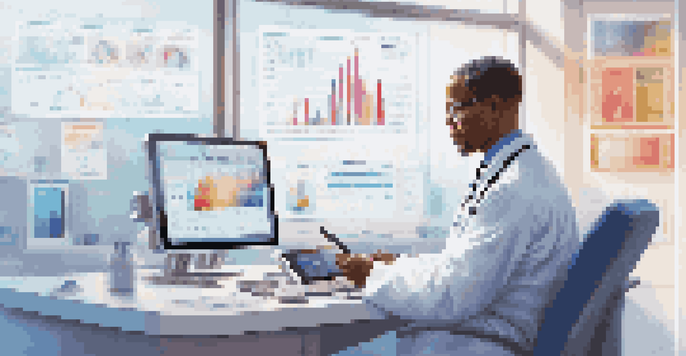 A healthcare professional using a tablet with colorful health records in a modern medical office filled with charts and equipment.