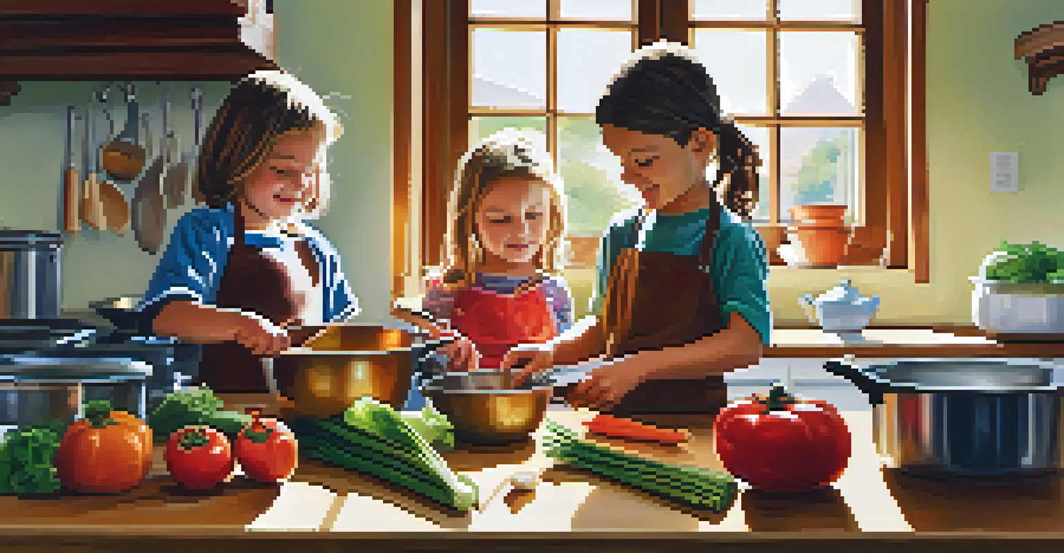 Children in a bright kitchen helping to prepare a meal, showing teamwork and learning about cooking.