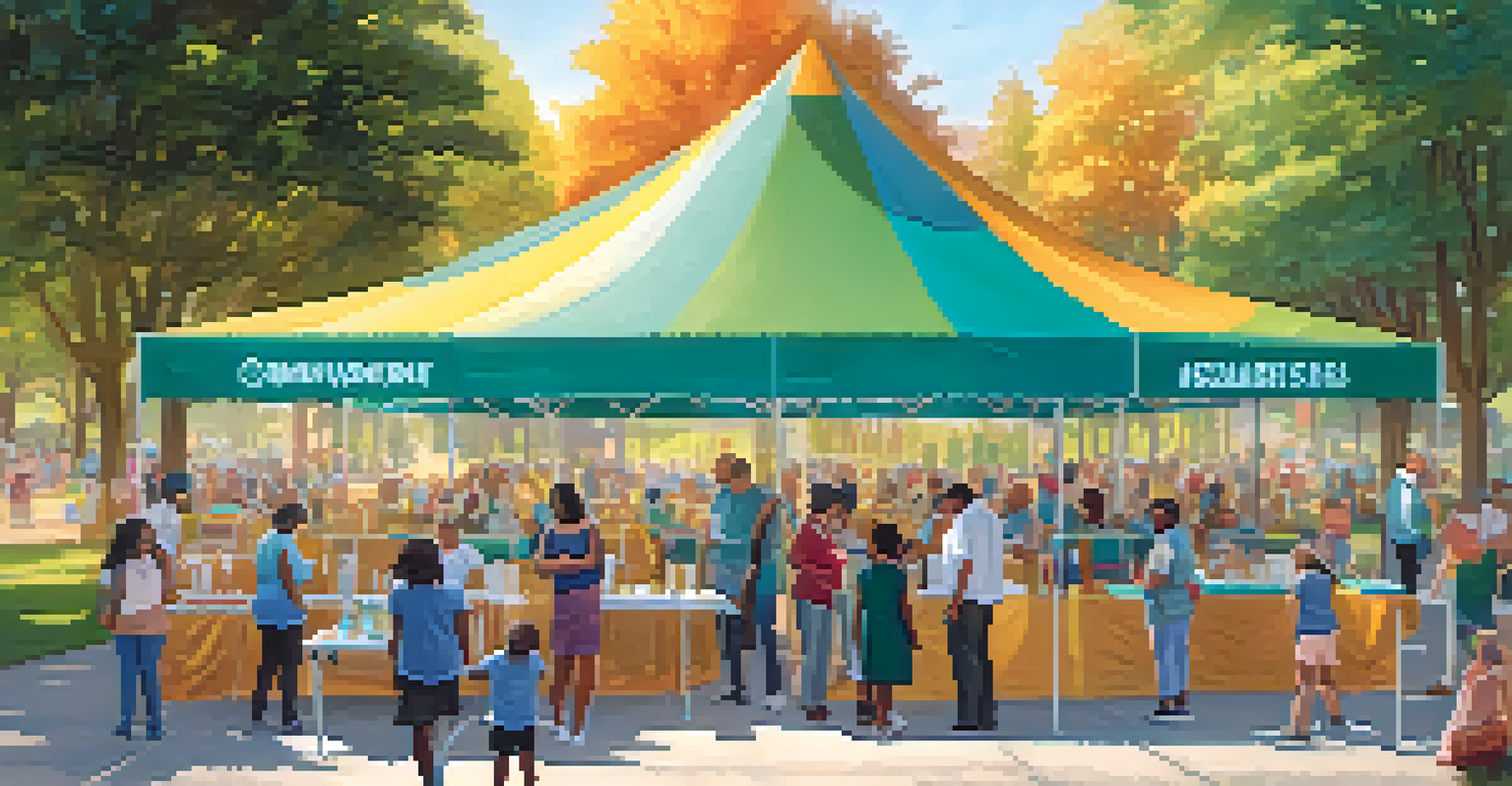 A community vaccination event in a park, featuring families and cheerful booths promoting health and climate resilience.