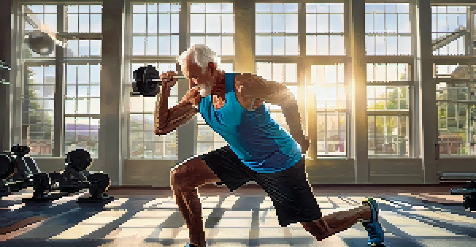 An older adult lifting weights in a bright and modern gym, showcasing determination and fitness.